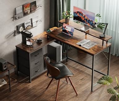 Huuger Reversible L Shaped Computer Desk with Drawers, Gaming Desk with LED Lights and Power Outlets, Office Desk with Storage, Monitor Stand, for Home & Office, Rustic Brown - Image 3