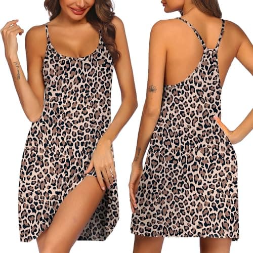 Ekouaer Women's Racerback Sleeveless Nightgown, Brown Leopard, 3X-Large - Image 1