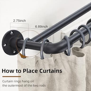 Industrial Double Curtain Rods for Windows 31 to 137 Inch, Adjustable Telescoping 1 Inch Black Double Curtain Rod Set Heavy Duty Blackout Wrap Around Curtain Rod for Living room, Sliding Glass Door - Image 5