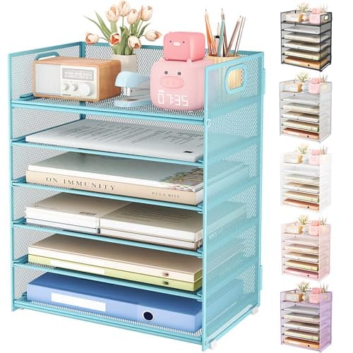 Subekyu 6 Tier Office File Paper Desk Tray Organizer with Handle, Stackable Slide Mesh Letter Tray Folder Blue Desk Organizer, Desktop Document Sorter for Classroom, Office, Home Supplies Storage - Image 1