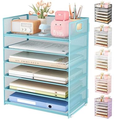 Subekyu 6 Tier Office File Paper Desk Tray Organizer with Handle, Stackable Slide Mesh Letter Tray Folder Blue Desk Organizer, Desktop Document Sorter for Classroom, Office, Home Supplies Storage - Image 1