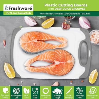 Freshware Cutting Boards for Kitchen, Chopping Board 3-Pack with Different Sizes, Juice Grooves and Non Slip Handles - Reversible, Large Cutting Board Set - Dishwasher Safe - Gray - Image 3