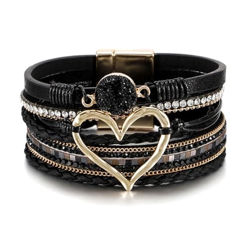 Leopard Bracelet for Women, Boho Leather Wrap Multi-Layer Pearl Crystal Bracelet Bangle Jewelry (Heart Leather(Black)) - Image 1