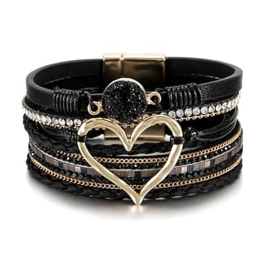 Leopard Bracelet for Women, Boho Leather Wrap Multi-Layer Pearl Crystal Bracelet Bangle Jewelry (Heart Leather(Black)) - Image 1