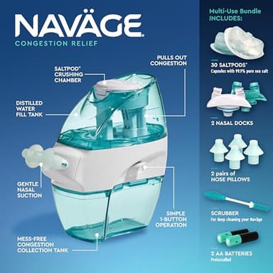 Navage Multi-User Bundle - Navage Irrigation System - Saline Nasal Rinse Kit with 1 Nose Cleaner, 30 Salt Pods, and Extra Nasal Dock and Pair of Nose Pillows - Image 6