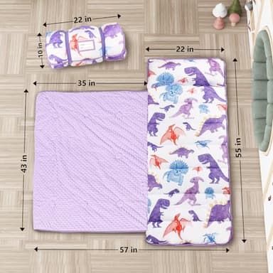 Primlect Thickened Toddler Nap Mat with Removable Pillow and Minky Blanket, Extra Large 55''x35'' Sleeping Bag, Washable, Roll up, Perfect for Daycare, Preschool, Kindergarten, Boys and Girls Dinosaur - Image 2