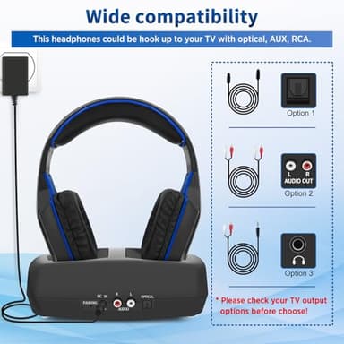 WallarGe Wireless Headphones for TV Watching with RF Transmitter Charging Dock, Plug and Play, 100 Ft Wireless Range, Rechargeable 20 Hour Battery (Black with Blue) - Image 6