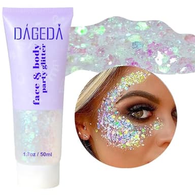 DAGEDA Body Glitter Gel, Face Glitter Body Gel Sequins Shimmer Liquid Eyeshadow, Chunky Glitter for Face Hair Nails, Holographic Cosmetic Laser Powder Festival Glitter Makeup 50ml(White) - Image 1