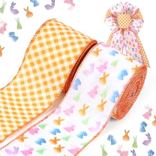 LaRibbons Easter Bunny Wired Ribbon 2 Rolls 2.5 Inch x 12 Yards TTL, Orange Easter Ribbon Plaid for Baskets Crafts Spring Wreath Gift Wrapping Bow Decoration - Image 1