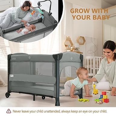 JOYMOR Baby Bedside Bassinet, Baby Bassinet, Pack n Play Convert Playpen, Quick Foldable Travel Bed with Wheels & Brake, Carry Bag for Boys Girls (Gray) - Image 5