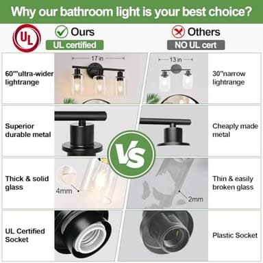 Zarbitta 3-Light Bathroom Light Fixtures, 17.23" Black Modern Vanity Lights with Clear Glass Shade, Bathroom Wall Lamp for Mirror Kitchen Living Room Hallway Cabinet Porch - Image 4