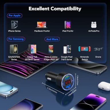 USB Car Charger, 2 Pack Cigarette Lighter USB Charger Aluminum Alloy Fast Charging Car Charger Adapter with Voltage Display Type C Car Accessories for iPhone 17 16 Samsung Galaxy Google iPad Android - Image 6