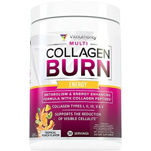 Multi Collagen Burn: MultiType Hydrolyzed Protein Peptides with Hyaluronic Acid, Vitamin C, SOD B Dimpless, Types I, II, III, V and X, with Caffeine 30 Servings Tropical Punch Flavored - Image 1