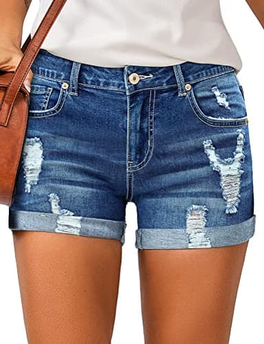 LookbookStore Women Casual Summer Denim Shorts for Women High Waisted Rolled Hem Cuffed Hem Distressed Jeans Jorts Y2K Ripped Jean Shorts Denim Blue Size L - Image 1