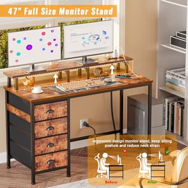 Furologee 47" Computer Desk with 4 Fabric Drawers & Monitor Stand, Gaming Desk with Power Outlets - LED Lights, Home Office Space-Saving Study Table for Bedroom Small Spaces (Rustic Brown) - Image 8