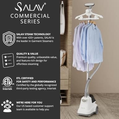 SALAV® Heavy Duty Smart Auto Shut-off Commercial Full-Size Garment Steamer, Beeping Alert when Water Runs out, Foot Pedal Control, XL 3L (101.5 oz) Tank, 1800 watts, 90+min of Continuous Steam, White - Image 2