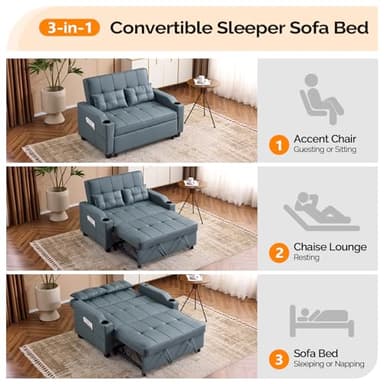VINGLI Convertible Loveseat Sleeper, Blue Grey Faux Leather Futon Sofa Bed Pullout Couch Bed with USB Ports, Cup Holders, Armrest for Living Room, Bedroom, Home Office Apartment - Image 5
