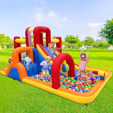 Hongcoral Inflatable Bounce House Obstacle Course with Wet or Dry Slide, Ball Pool, Climbing Wall, Boxing Ball, Small Climb&Slide – Backyard & Indoor Bouncy Castle for Kids 3-8 - Image 2