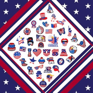 QAUYETM 42PCS Patriotic Shoe Charms for Clogs and Sandals Include American Flag Letters and Fun Designs Red White Blue PVC Accessories for Kids Teens Adults 4th of July Independence Day Party Favors - Image 2
