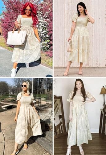 ZESICA Women's 2025 Bohemian Summer Plaid Square Neck Puff Sleeve Ruffle Flowy Beach Midi Dress,Beige,Large - Image 6