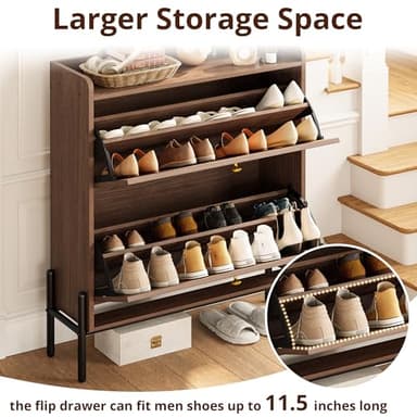 IRONCK Shoe Cabinet Storage with 2 Flip Drawers, Free Standing Wooden Shoe Storage Organizer Cabinet with Rattan Doors for Entryway, Narrow Shoe Rack Cabinet, Walnut - Image 8