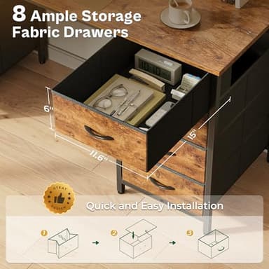 Huuger 55 Inch Computer Desk with 8 Fabric Drawers, Office Desk Work Desk for Home Office, Study, Gaming Desk with Drawers, Large Storage, Rustic Brown - Image 4