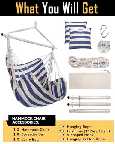 ADVOKAIR Hammock Chair Hanging Chair Swing Large Indoor with Anti-Slip Steel Spread Bar and Pocket-Max 500lbs-2 Cushions, Perfect for Bedroom,Outdoor,Patio, Porch,Backyard… - Image 7