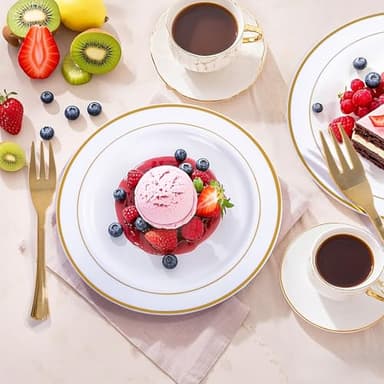 WELLIFE 120 PCS Plastic Dessert Plates and 120 PCS Forks, 6.3 inch Disposable Salad Plate, Premium White Appetizer Plates with Gold Rims Perfect for Parties, Weddings - Image 3