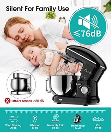 Facelle Stand Mixer, 660W 6 Speed Electric Kitchen Mixer with Pulse Button, Attachments include 6.5QT Bowl, Dishwasher Safe Beater,Dough Hook,Whisk & Splash Guard for Dough,Baking,Cakes,Cookie(Black) - Image 5