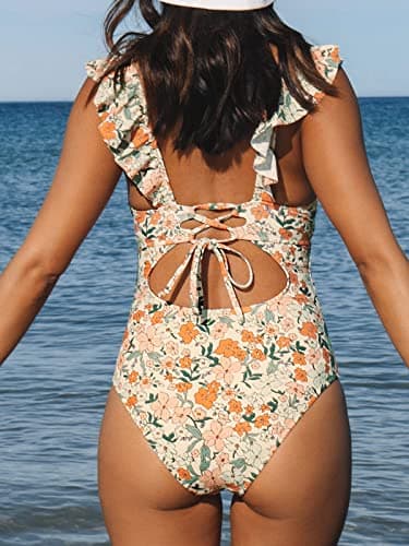 CUPSHE One Piece Swimsuit for Women Deep V Neck Ruffle Tummy Control Back Tie Floral Print Bathing Suits - Image 2