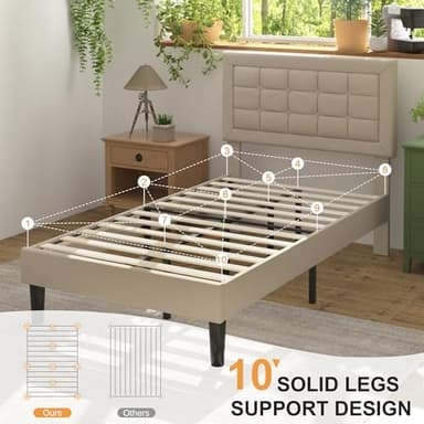 VECELO Twin Size Bed Frame with Adjustable Headboard, Upholstered Button Tufted Platform Bedframe with Wood Slats Support, No Box Spring Needed, Beige - Image 5
