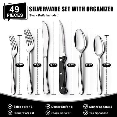 49-Piece Silverware Set with Organizer, Heavy Duty Stainless Steel Flatware for 8, Cutlery Utensil Sets with Steak Knives, Rust-proof, Mirror Polished, Dishwasher Safe - Image 2