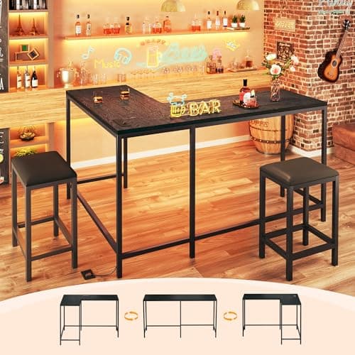 HUAHUU Bar Table and Chairs Set for 2-4, 63'' Convertible L-Shaped Kitchen Table with Power Outlets, 3 Piece Counter Height Small Dining Table with 2 Stools, Space Saving, Breakfast Nook Corner, Black - Image 1