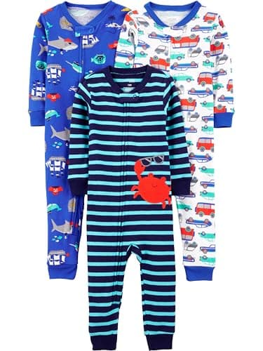 Simple Joys by Carter's Baby Boys' 3-Pack Snug Fit Footless Cotton Pajamas, Blue Sea Life/Navy Stripe/White Cars, 18 Months - Image 1