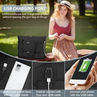 ETRONIK Gym Bag for Women, 35L Personal Item Travel Bag with Shoes Compartment, Weekender Overnight Duffel Bag with Wet Pocket & USB Charging Port, Carry On Bag for Women, Travel, Gym, Weekend (Black) - Image 6