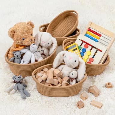 CubesLand Small Cotton Rope Storage Basket Set 5, Shelves Baskets for Organizing with Handle, Decorative Closet Storage Bins for Countertop Toilet Paper Basket for Toilet Tank Top,Brown Basket - Image 3