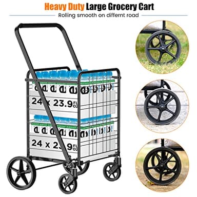[Upgrade] Shopping Cart for Groceries, 280 LBS Large Grocery Cart with Waterproof Liner, 360° Rolling Swivel Wheels, Heavy Duty Utility Cart Folding Shopping Carts for Laundry Luggage Gift - Image 5