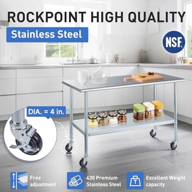 ROCKPOINT Stainless Steel Table for Prep & Work with Caster Wheels 30x48 Inches, NSF Metal Commercial Kitchen Heavy Duty Table with Adjustable Under Shelf and Table Foot for Restaurant, Home and Hotel - Image 6