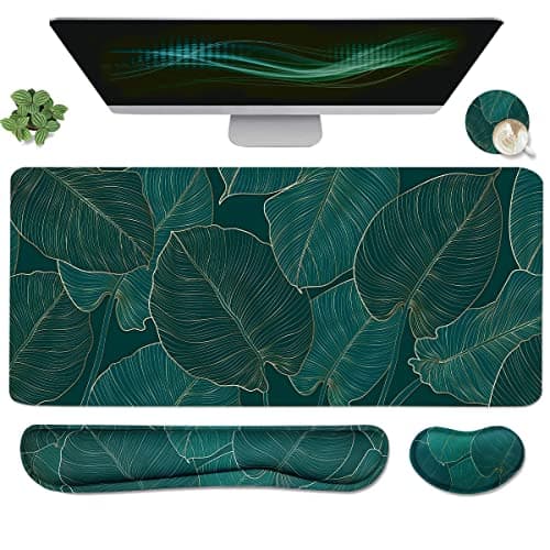 Ergonomic Large Mouse Pad and Keyboard Wrist Rest, Desk Pad for Keyboard and Mouse, 4-in-1 Large Gaming Mouse Pad with Wrist Support for Home Office Study Game-Green Leaves - Image 1