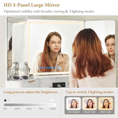 T4TREAM Corner Vanity Desk with Mirror and Lights, Fluted Vanity with Glass Top, Fixed Three-Panel Mirror & Charging Outlet, Dressing Table with 3 Drawers & 2 Storage Cabinets for Bedroom, White - Image 4