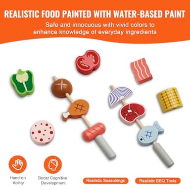 VEVOR Kids BBQ Grill Toy, Wooden Barbecue Kitchen with Realistic Carbon Fire, Wooden Play Food Kitchen Accessory (26 PCS), Indoor/Outdoor Interactive Pretend Play Toys for Boys Girls Ages 3+ Gift - Image 4