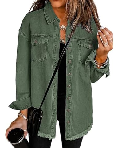 Vetinee Women's Oversized Denim Jean Jacket in Elm Green, Frayed Raw Hem, Front Button, Long Sleeve, Pockets - Size 8/10 - Image 1
