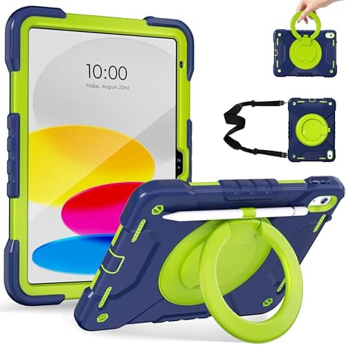 Andnary Case for iPad (A16) 11th Generation 11 inch 2025/10th Generation 10.9 inch 2022, Heavy Duty Shockproof Cover with 360° Rotating Handle/Bracket/Pen Holder/Shoulder Strap (Navy+Green) - Image 1