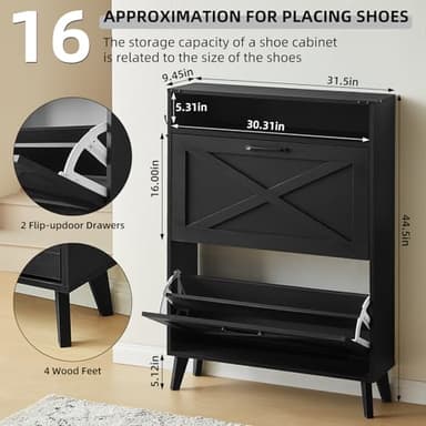 Joaxswe Shoe Storage Cabinet With 2 Flip Drawers, Farmhouse Organizer for Entryway, Narrow Hidden Rack With Wooden Legs & Open Storage, Free Standing Closet for Foyer, Hallway, Black - Image 2