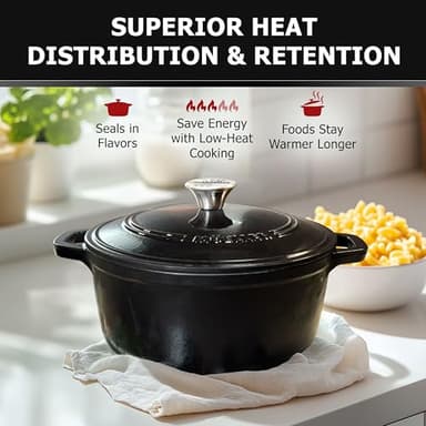 MÜELLERHOME 6 Quart Enameled Cast Iron Pot Dutch Oven, Heavy-Duty Oven-Safe up to 500° F, & Across All Cooktops, Casserole Dishes for Ovens, Bread Pan with Lid and Knob, Cast Iron Cookware, Black - Image 3