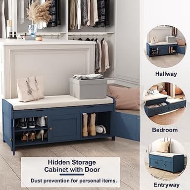 HOMEFORT 41.3" Shoe Bench with Lift Top Storage, Entryway Bench with Cushioned Seat, Wooden End of Bed Bench, Shoe Cabinet Bench with Hidden Storage Space, for Bedroom, Hallway,Blue - Image 4