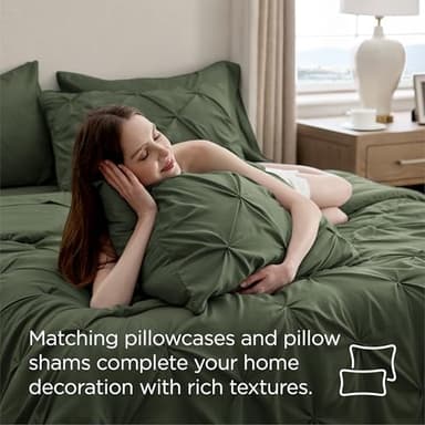 Bedsure Queen Comforter Set Olive Green - Bed in a Bag Queen Size 7 Pieces, GentleSoft™ Pintuck Bed Set Gift for Family, Pinch Pleat Olive Green Comforter with Sheets, Pillowcases & Shams - Image 7
