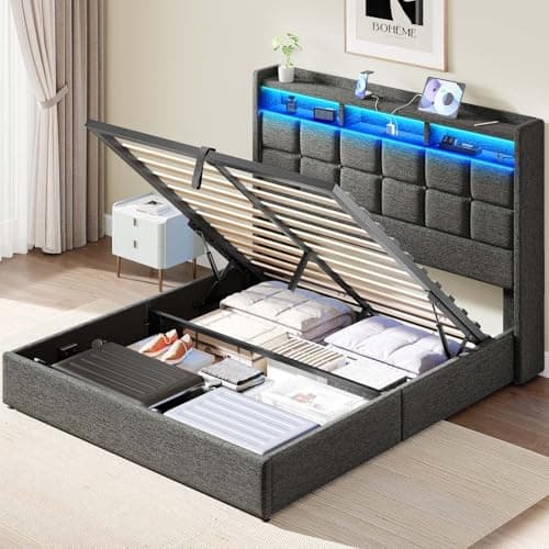 Driftalia Lift Up Queen Bed Frame with Storage, Upholstered Bed Frame Queen Size with LED Lights Headboard and Charging Station, No Box Spring Needed, Easy Assembly - Dark Grey - Image 1