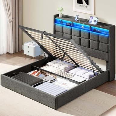 Driftalia Lift Up Queen Bed Frame with Storage, Upholstered Bed Frame Queen Size with LED Lights Headboard and Charging Station, No Box Spring Needed, Easy Assembly - Dark Grey - Image 1