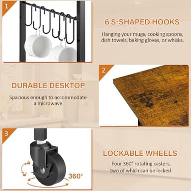 ThreeHio Rolling Kitchen Microwave Cart, 3 Tier Microwave Table Stand with Adjustable Shelf, Kitchen Storage Rack on Wheels, Coffee Station Cart Rack Shelf Organizer for Living Room Office, Balcony - Image 4